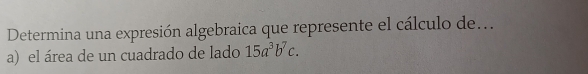 Determina una expresión algebraica que represente el cálculo de... 
a) el área de un cuadrado de lado 15a^3b^7c.