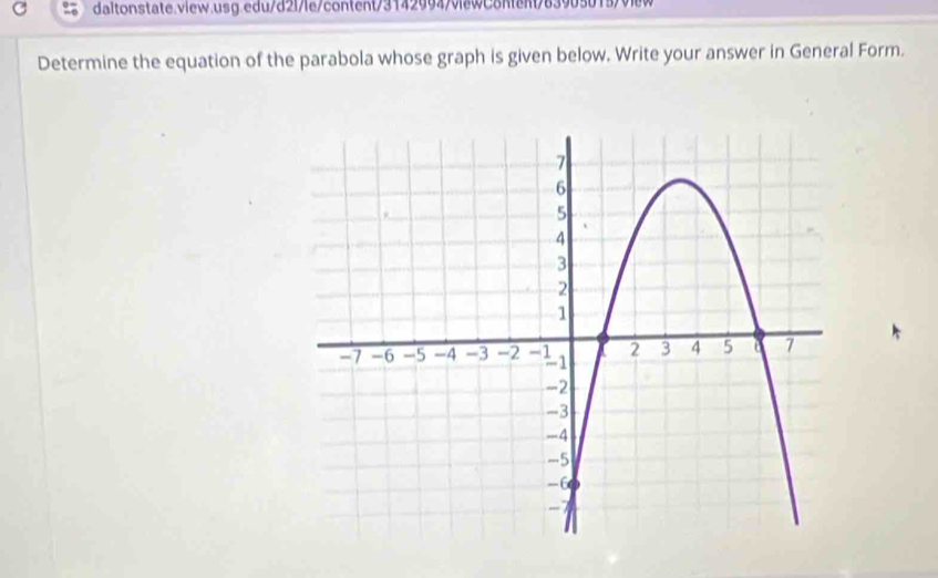 Determine the equation of the parabola whose graph is given below. Write your answer in General Form.