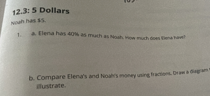 12.3:5 Dollars 
Noah has $5. 
1. a. Elena has 40% as much as Noah. How much does Elena have? 
b. Compare Elena’s and Noah’s money using fractions. Draw a diagram 
illustrate.