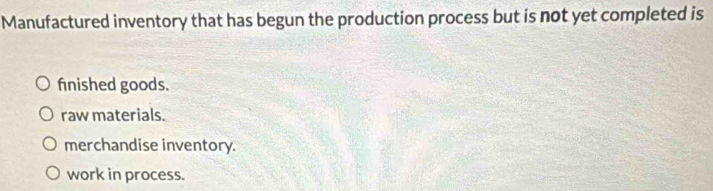 Solved: Manufactured inventory that has begun the production process ...