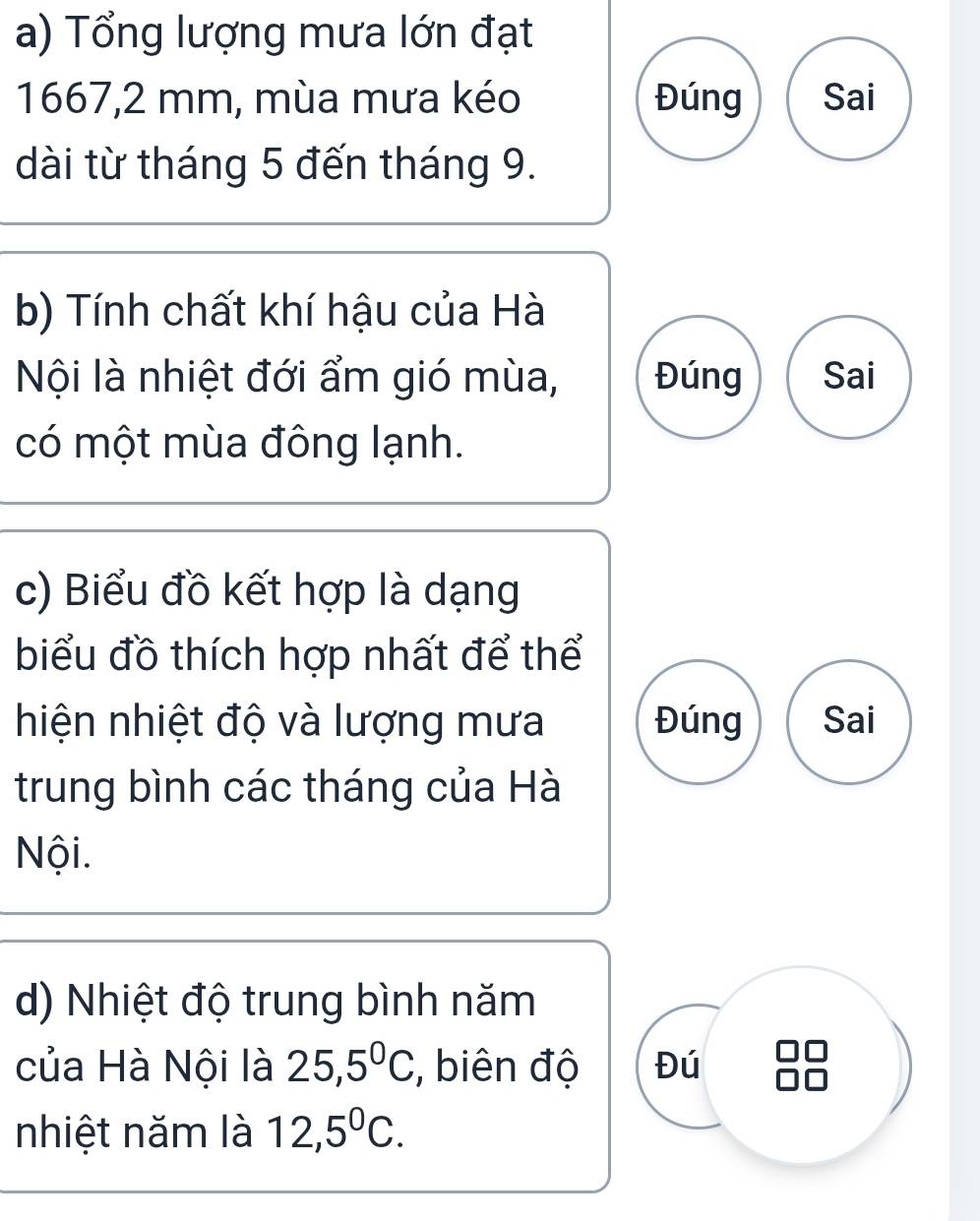 Tổng lượng mưa lớn đạt 
1667, 2 mm, mùa mưa kéo Đúng Sai 
dài từ tháng 5 đến tháng 9. 
b) Tính chất khí hậu của Hà 
Nội là nhiệt đới ẩm gió mùa, Đúng Sai 
có một mùa đông lạnh. 
c) Biểu đồ kết hợp là dạng 
biểu đồ thích hợp nhất để thể 
hiện nhiệt độ và lượng mưa Đúng Sai 
trung bình các tháng của Hà 
Nội. 
d) Nhiệt độ trung bình năm 
của Hà Nội là 25,5^0C , biên độ Đú 
nhiệt năm là 12,5^0C.