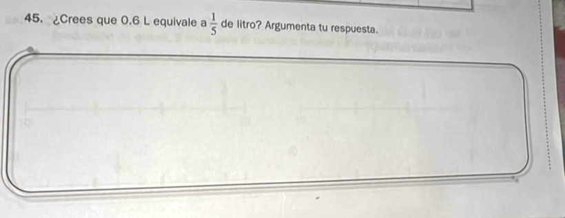 ¿Crees que 0.6 L equivale a  1/5  de litro? Argumenta tu respuesta.