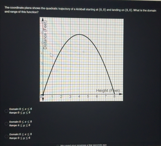 Solved: The coordinate plane shows the quadratic trajectory of a ...