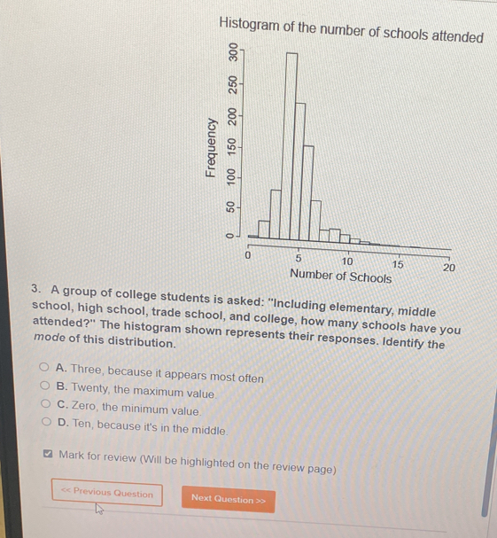 Histogram of the number of scded
3. A group of college students is asked: "Including elementary, middle
school, high school, trade school, and college, how many schools have you
attended?" The histogram shown represents their responses. Identify the
mode of this distribution.
A. Three, because it appears most often
B. Twenty, the maximum value.
C. Zero, the minimum value.
D. Ten, because it's in the middle.
₹ Mark for review (Will be highlighted on the review page)
<< Previous Question Next Question >>