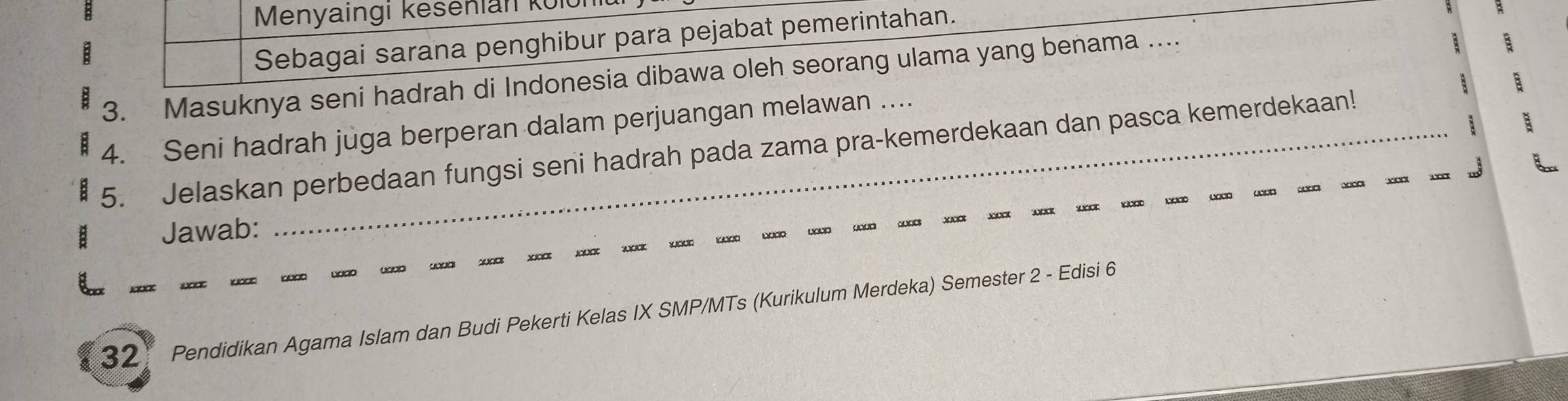 Menyaingi kešenian kolöi 
: 
Sebagai sarana penghibur para pejabat pemerintahan. 
3. Masuknya seni hadrah di Indonesia dibawa oleh seorang ulama yang benama .... 
a 
4. Seni hadrah juga berperan dalam perjuangan melawan ... 
5. Jelaskan perbedaan fungsi seni hadrah pada zama pra-kemerdekaan dan pasca kemerdekaan! 
: Jawab: 
32 Pendidikan Agama Islam dan Budi Pekerti Kelas IX SMP/MTs (Kurikulum Merdeka) Semester 2 - Edisi 6