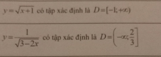 y=sqrt(x+1) có tập xác định là D=[-1;+∈fty )
y= 1/sqrt(3-2x)  có tập xác định là D=(-∈fty ; 2/3 ]