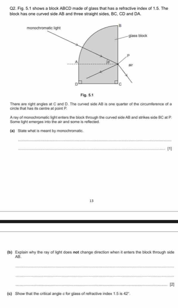 Solved: Fig. 5.1 shows a block ABCD made of glass that has a refractive ...