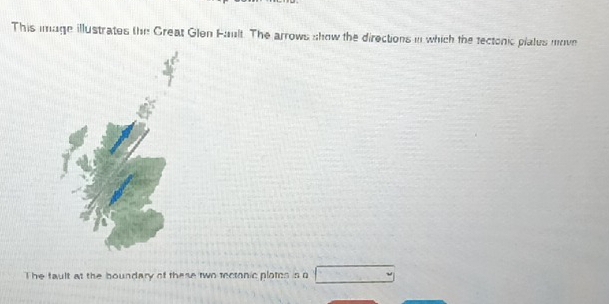 This image illustrates the Great Glen Fault. The arrows show the directions in which the tectonic plates move 
The fault at the boundary of these two rectonic plotes is g