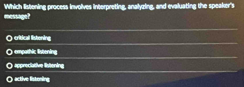 Which listening process involves interpreting, analyzing, and evaluating the speaker's
message?
critical listening
empathic listening
appreciative listening
active listening