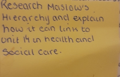 Research Masiow's 
Hierarehy and explcun 
how it can linis to 
onit IH un heallth and 
social care.