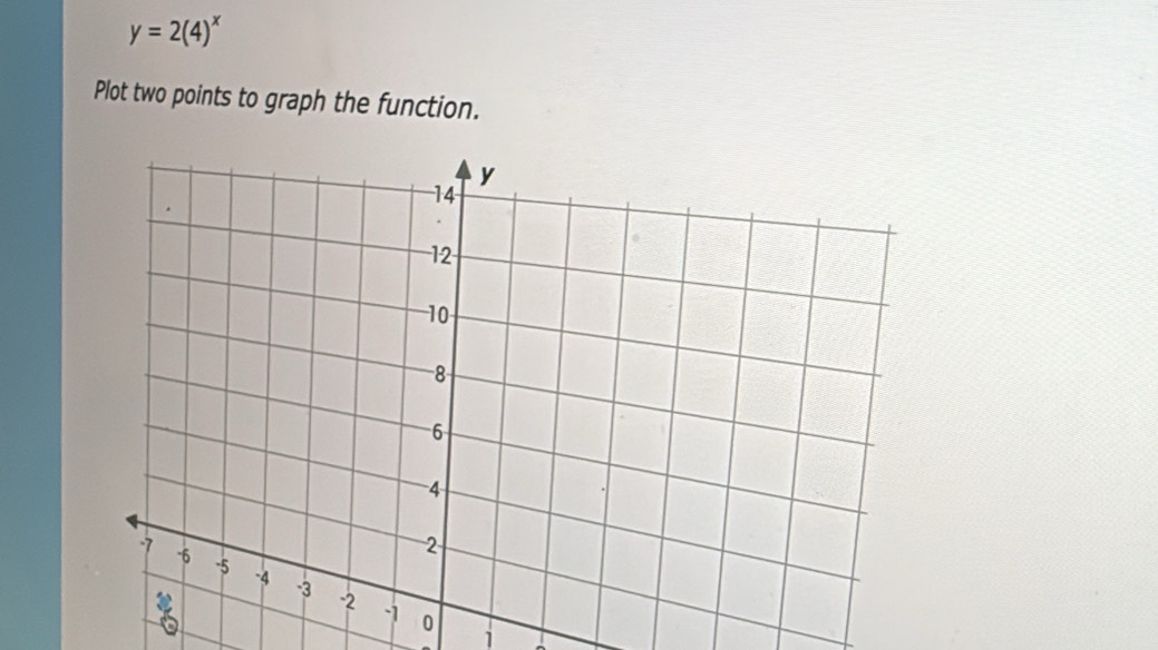 y=2(4)^x
Plot two points to graph the function. 
1