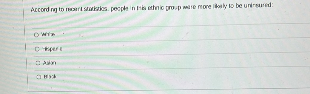 According to recent statistics, people in this ethnic group were more likely to be uninsured:
White
Hispanic
Asian
Black