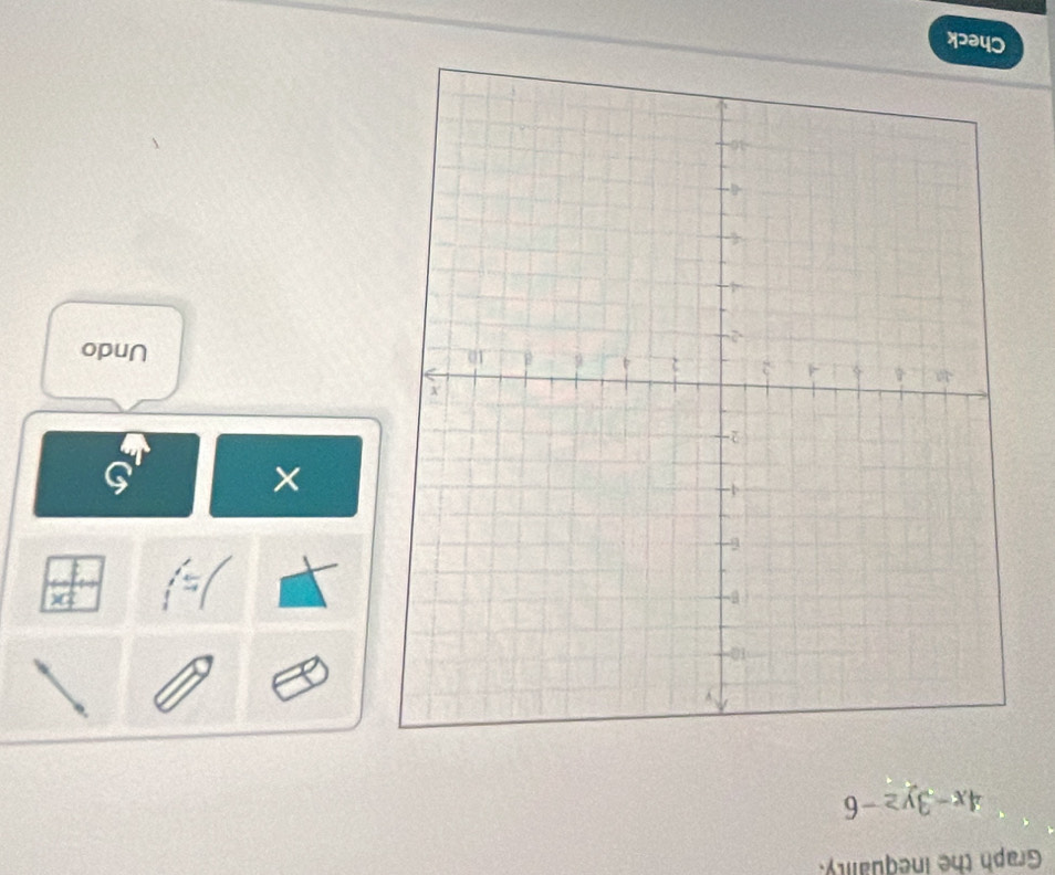 Graph the Inequality.
4x-3y≥ -6

× 
Undo 
Check