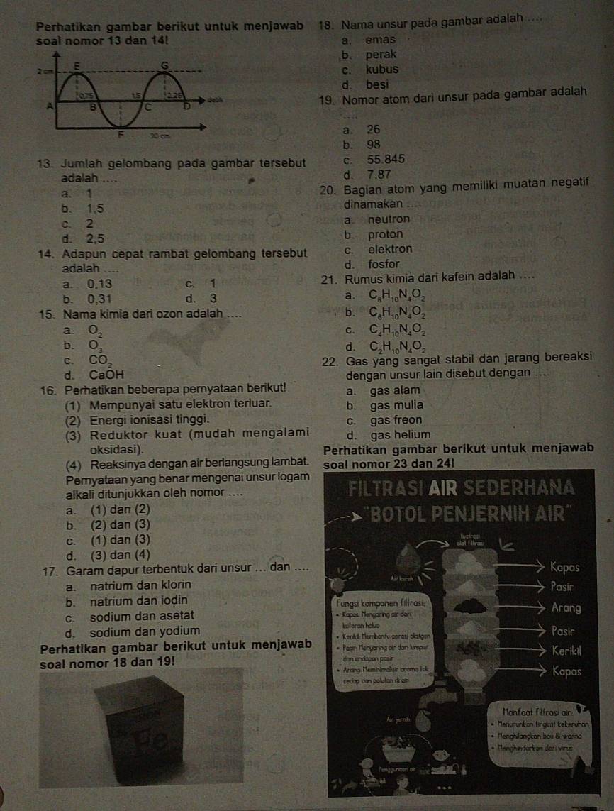 Perhatikan gambar berikut untuk menjawab 18. Nama unsur pada gambar adalah ....
soal nomor 13 dan 14! a. emas
b. perak
c. kubus
d. besi
19. Nomor atom dari unsur pada gambar adalah
a 26
b. 98
13. Jumlah gelombang pada gambar tersebut c. 55.845
adalah_ d. 7.87
a. 1 20. Bagian atom yang memiliki muatan negatif
b. 1,5 dinamakan
c. 2 a neutron
d. 2.5 b proton
14. Adapun cepat rambat gelombang tersebut c. elektron
adalah _d. fosfor
a. 0,13 c. 1 21. Rumus kimia dari kafein adalah ....
b. 0,31 d. 3
a. C_8H_10N_4O_2
15. Nama kimia dari ozon adalah .... b. C_6H_10N_4O_2
a. beginarrayr O_2 O_3endarray
C. C_4H_10N_4O_2
b.
d. C_2H_10N_4O_2
C. CO_2 22. Gas yang sangat stabil dan jarang bereaksi
d. CaOH dengan unsur lain disebut dengan
16. Perhatikan beberapa pernyataan berikut! a. gas alam
(1) Mempunyai satu elektron terluar. b. gas mulia
(2) Energi ionisasi tinggi. c. gas freon
(3) Reduktor kuat (mudah mengalami d. gas helium
oksidasi). Perhatikan gambar berikut untuk menjawab
(4) Reaksinya dengan air berlangsung lambat. 
Pemyataan yang benar mengenai unsur logam
alkali ditunjukkan oleh nomor .... 
a. (1) dan (2) 
b. (2) dan (3)
c. (1) dan (3)
d. (3) dan (4)
17. Garam dapur terbentuk dari unsur ... dan ....
a. natrium dan klorin
b. natrium dan iodin
c. sodium dan asetat
d. sodium dan yodium 
Perhatikan gambar berikut untuk menjawab
soal nomor 18 dan 19!