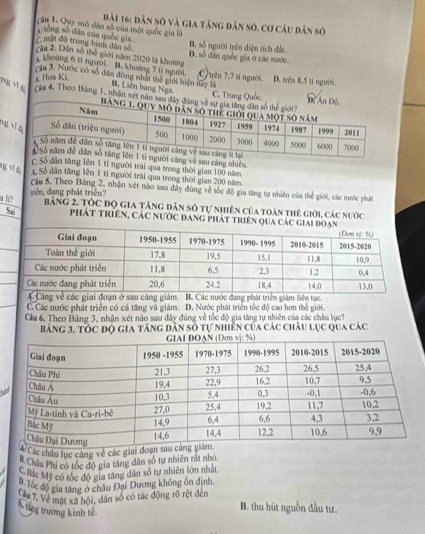 dân số và gia tăng dân số, cơ cầu dân số
Cầu 1. Quy mô dân số của một quốc gia là
( iống số dân của quốc gia.
B. số người trên diện tích đất.
C mật độ trung bình dân số. D. số dân quốc gia ở các nước.
cầu 2. Dân số thể giới năm 2020 là khoảng
( khoảng 6 tỉ người. B. khoảng 7 ti người. C uên 7,7 tỉ người. D. trên 8,5 tỉ người.
Câu 3. Nước có số dân đông nhất thể giới hiện nay là
A. Hoa Ki,
B. Liên bang Nga.
ng vĩ d Cầu 4. Theo Bảng 1, nhân xét nà
C. Trung Quốc.
n
sau càng nhiều.
C.ăng lên 1 tỉ người trải qua trong thời gian 100 năm.
g vĩ dị . Số dân tăng lên 1 tỉ người trải qua trong thời gian 200 năm
Câu 5. Theo Bảng 2, nhận xét nào sau đầy đủng về tốc độ gia tăng tự nhiên của thể giới, các nước phát
triển, đang phát triển?
a li? BảNG 2. TÓc đọ gia tăng dân số tự nhiên của toàn thê giới, các nước
Sai
phát triền, các nước đang phát triên qua c
oạn ở sau càng giảm. B. Các nước đang phát triển giảm liên tục.
C. Các nước phát triển có cả tăng và giảm. D. Nước phát triển tốc độ cao hơn thế giới.
Câu 6. Theo Bảng 3, nhận xét nào sau đây đúng về tốc độ gia tăng tự nhiên của các châu lục?
Bảng 3. TÓc độ gia tăng dân số tự nhiền của các châu lục qua các
hi
c châu lục cảng về các giai
B Châu Phi có tốc độ gia tăng dân số tự nhiên rất nhỏ.
C Bắc Mỹ có tốc độ gia tăng dân số tự nhiên lớn nhất.
D Tốc độ gia tăng ở châu Đại Dương không ôn định,
Cầu 7. Về mặt xã hội, dân số có tác động rõ rệt đến
A tổng trường kinh tế
B. thu hút nguồn đầu tự.