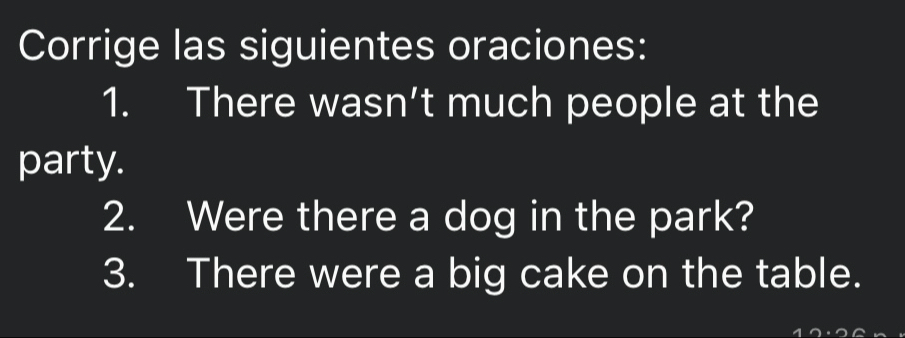 Corrige las siguientes oraciones: 
1. There wasn’t much people at the 
party. 
2. Were there a dog in the park? 
3. There were a big cake on the table.