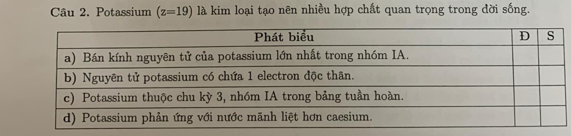 Potassium (z=19) là kim loại tạo nên nhiều hợp chất quan trọng trong đời sống.