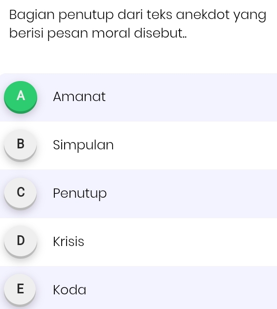 Bagian penutup dari teks anekdot yang
berisi pesan moral disebut..
A Amanat
B Simpulan
C Penutup
D Krisis
E Koda