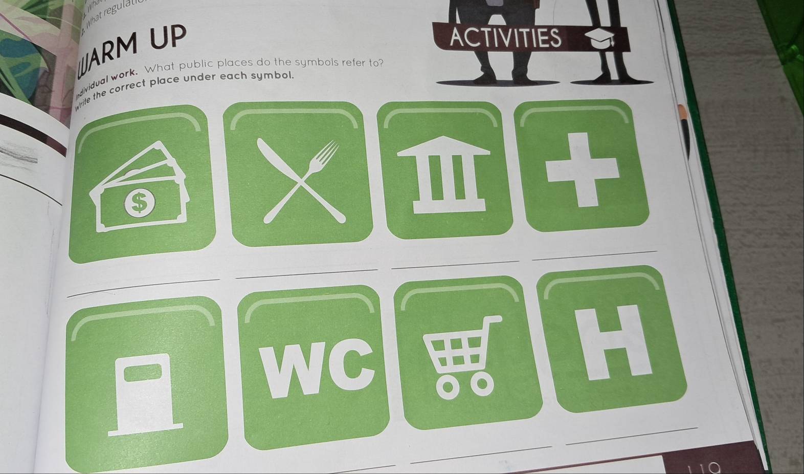 who 
What regulau 
ARM UP 
ACTIVITIES 
ndividual work. What public places do the symbols refer to? 
write the correct place under each symbol. 
$ 
X 
Ⅲ+ 

WCEH 
_ 
_