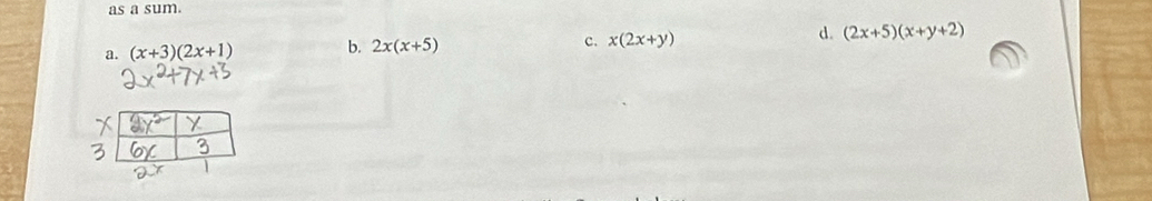 as a sum.
a. (x+3)(2x+1) b. 2x(x+5) c. x(2x+y) d. (2x+5)(x+y+2)