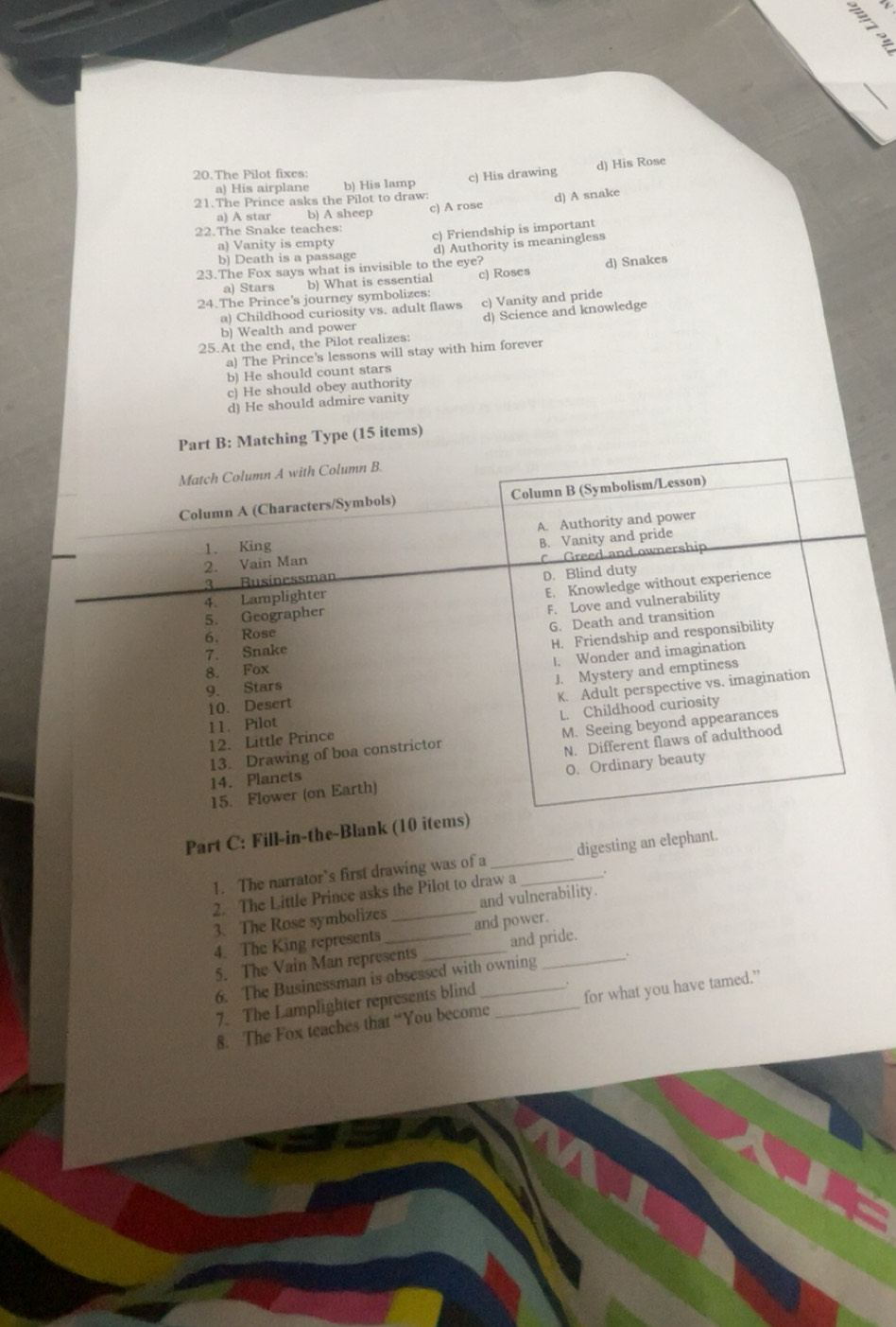 Solved: The Pilot fixes a) His airplane b) His lamp c) His drawing d ...