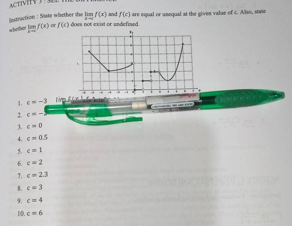 ACTIVITY 3 : SEE T 
Instruction : State whether the limlimits _xto cf(x) and f(c) are equal or unequal at the given value of c. Also, state 
whether limlimits _xto cf(x) or f(c) does not exist or undefined.
y
5
4
1
1
-5 -5 -4 -1 -2 -1 . 2 3 4 5 6 7 z
1. c=-3 m f ( x )
(9070NH331. 799 80-X0in) 
2. c=-
3. c=0
4. c=0.5
5. c=1
6. c=2
7. c=2.3
8. c=3
9. c=4
10. c=6