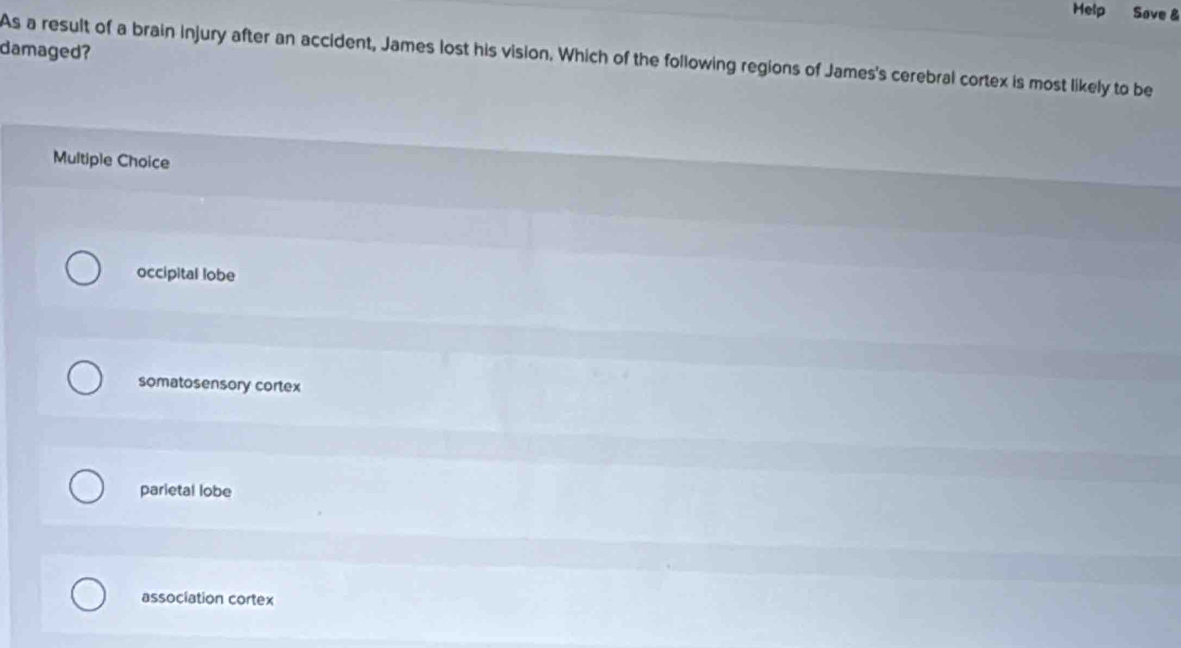 Help Save &
damaged?
As a result of a brain injury after an accident, James lost his vision. Which of the following regions of James's cerebral cortex is most likely to be
Multiple Choice
occipital lobe
somatosensory cortex
parietal lobe
association cortex