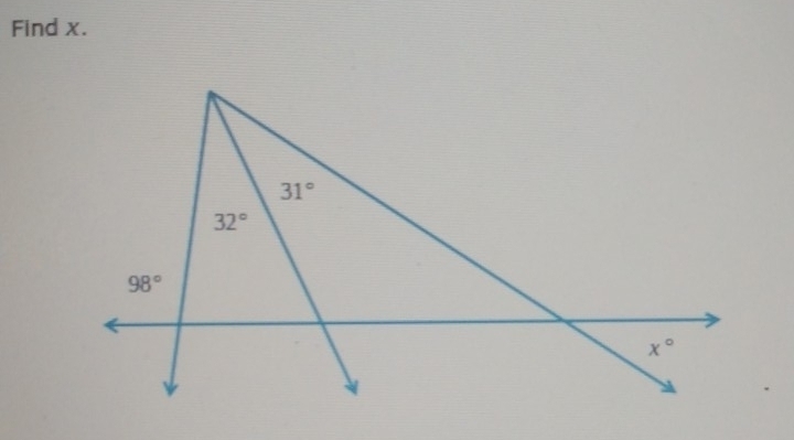 Find x.
31°
32°
98°
x°