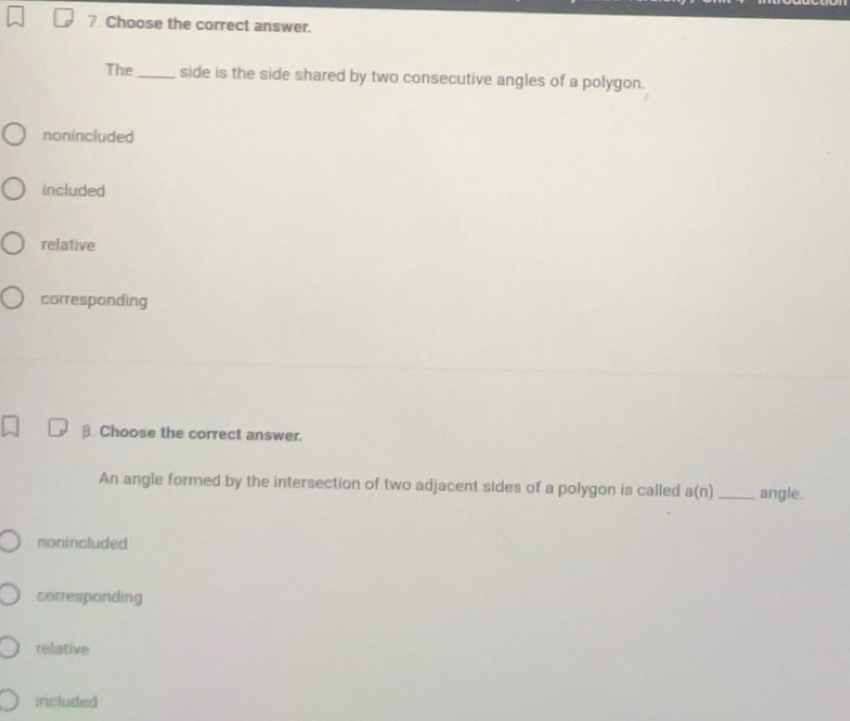 Solved: Choose the correct answer. The_ side is the side shared by two ...
