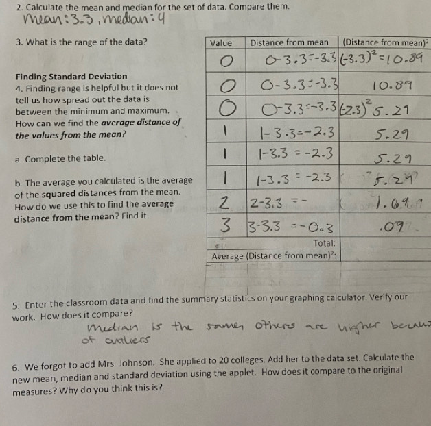 Calculate the mean and median for the set of data. Compare them. 
3. What is the range of the data? an) 
Finding Standard Deviation 
4. Finding range is helpful but it does not 
tell us how spread out the data is 
between the minimum and maximum. 
How can we find the average distance of 
the values from the mean? 
a. Complete the table. 
b. The average you calculated is the average 
of the squared distances from the mean. 
How do we use this to find the average 
distance from the mean? Find it. 
5. Enter the classroom data and find the summary statistics on your graphing calculator, Verify our 
work. How does it compare? 
6. We forgot to add Mrs. Johnson. She applied to 20 colleges. Add her to the data set. Calculate the 
new mean, median and standard deviation using the applet. How does it compare to the original 
measures? Why do you think this is?