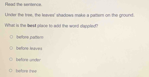 Solved: Read the sentence. Under the tree, the leaves' shadows make a ...