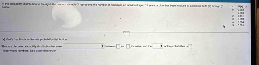 In the probability distribution to the right, the random variable X represents the number of marriages an individual aged 15 years or older has been involved in. Complete parts (a) through (f) 
below.
beginarrayr -frac beginarrayr 4encloselongdiv 8=28 1 1348 23 2 2 2 2 _ 33, 13 hline  _ +1204 _ 3368 hline endarray  
(a) Verify that this is a discrete probability distribution. 
This is a discrete probability distribution because □ between □ ,and□ , inclusive and the of the probabilities is □. 
(Type whole numbers. Use ascending order.)