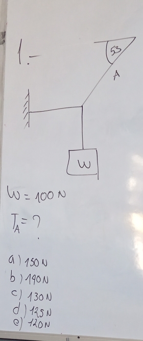 W=100N
T_A= 1
a) 1500
b) /90N
() 130N
d) 195N
e) t2ON