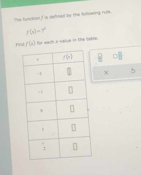 The function ∫is defined by the following rule.
f(x)=7^x
Find f(x) for each x-value in the table.
·  □ /□   □  □ /□  
×