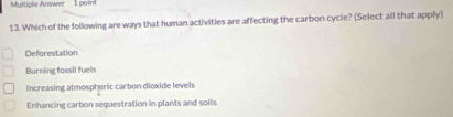 Multiple Answer 1 point
13. Which of the following are ways that human activities are affecting the carbon cycle? (Select all that apply)
Deforestation
Burning fossil fuels
Increasing atmospheric carbon dioxide levels
Enhancing carbon sequestration in plants and solls