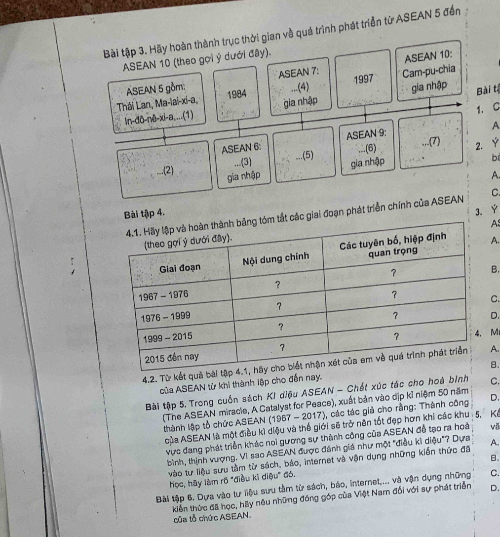Bài tập 3. Hãy hoàn thành trục thời gian về quá trình phát triển từ ASEAN 5 đến
ASEAN 10 (theo gợi ý dưới đây).
ASEAN 5 gồm: ASEAN 7: ASEAN 10:
1997
Thái Lan, Ma-lai-xi-a, 1984 ...(4) Cam-pu-chia
ln-đô-nê-xi-a,...(1) gia nhập gia nhập Bài tậ
1.C
A
ASEAN 6: ASEAN 9:
...(7)
...(2) ...(5) . . . .(6)
2. Ý
...(3) 
gia nhập gia nhập
b
A.
Bài tập 4.
3. Ý
giai đoạn phát triển chính của ASEAN C
As
A.
B.
C.
D.
M
4.2. Từ kết quả A.
B.
của ASEAN từ khi thành lập cho đến nay.
Bài tập 5. Trong cuốn sách Kì diệu ASEAN - Chất xúc tác cho hoà bình C.
(The ASEAN miracle, A Catalyst for Peace), xuất bản vào dịp kỉ niệm 50 năm
thành lập tổ chức ASEAN (1 967-2017) , các tác giả cho rằng: Thành công D.
của ASEAN là một điều kì diệu và thế giới sẽ trở nên tốt đẹp hơn khi các khu 5. Kể
vực đang phát triển khác noi gương sự thành công của ASEAN đễ tạo ra hoài vǎ
bình, thịnh vượng. Vì sao ASEAN được đánh giá như một "điều kì diệu"? Dựa A.
B.
vào tư liệu sưu tầm từ sách, báo, internet và vận dụng những kiến thức đã
học, hãy làm rõ "điều kì dieu'' aó.
Bài tập 6. Dựa vào tư liệu sưu tầm từ sách, báo, internet,... và vận dụng những C.
kiến thức đã học, hãy nêu những đóng góp của Việt Nam đối với sự phát triển D.
của tổ chức ASEAN.