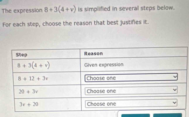 The expression 8+3(4+v) is simplified in several steps below.
For each step, choose the reason that best justifies it.