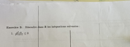 Résoudre dans R les inéquations suivantes : 
1.  (x^2-9)/x^2+x+1 ≤ 0