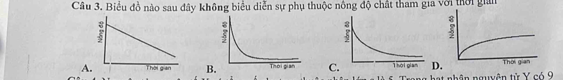 Biểu đồ nào sau đây không biểu diễn sự phụ thuộc nồng độ chất tham gia với thời gian 
A. B. C. 
Trong hạt nhân nguyên tử Y có 9