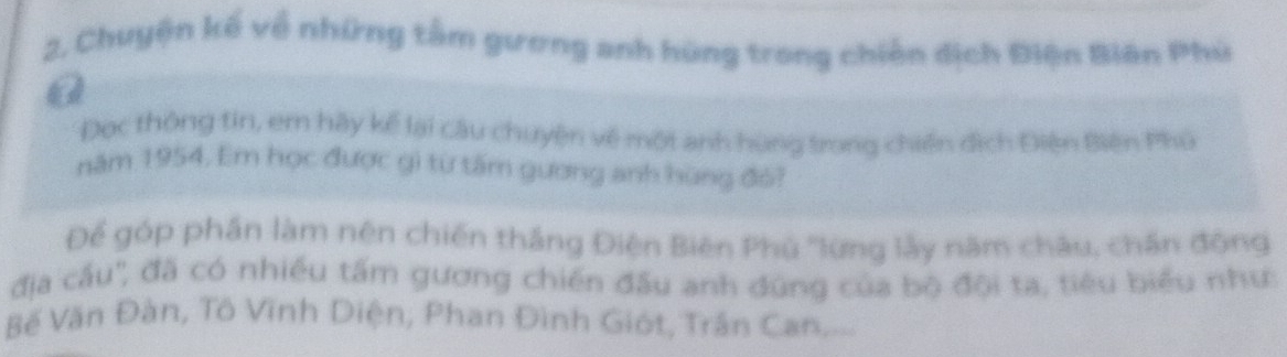 Chuyện kế về những tâm gương anh hùng trong chiến dịch Điện Bián Phù 
a 
Đọc thông tin, em hãy kể lại câu chuyện về một anh hùng trong chiến dịch Điện Biên Phú 
năm 1954. Em học được gì từ tấm gương anh hùng đó? 
Để góp phần làm nên chiến thắng Điện Biên Phú ''lừng lấy năm châu, chấn động 
địa cầu'', đã có nhiều tấm gương chiến đầu anh đùng của bộ đội tạ, tiêu biểu như: 
Bế Văn Đàn, Tô Vĩnh Diện, Phan Đình Giót, Trận Can....