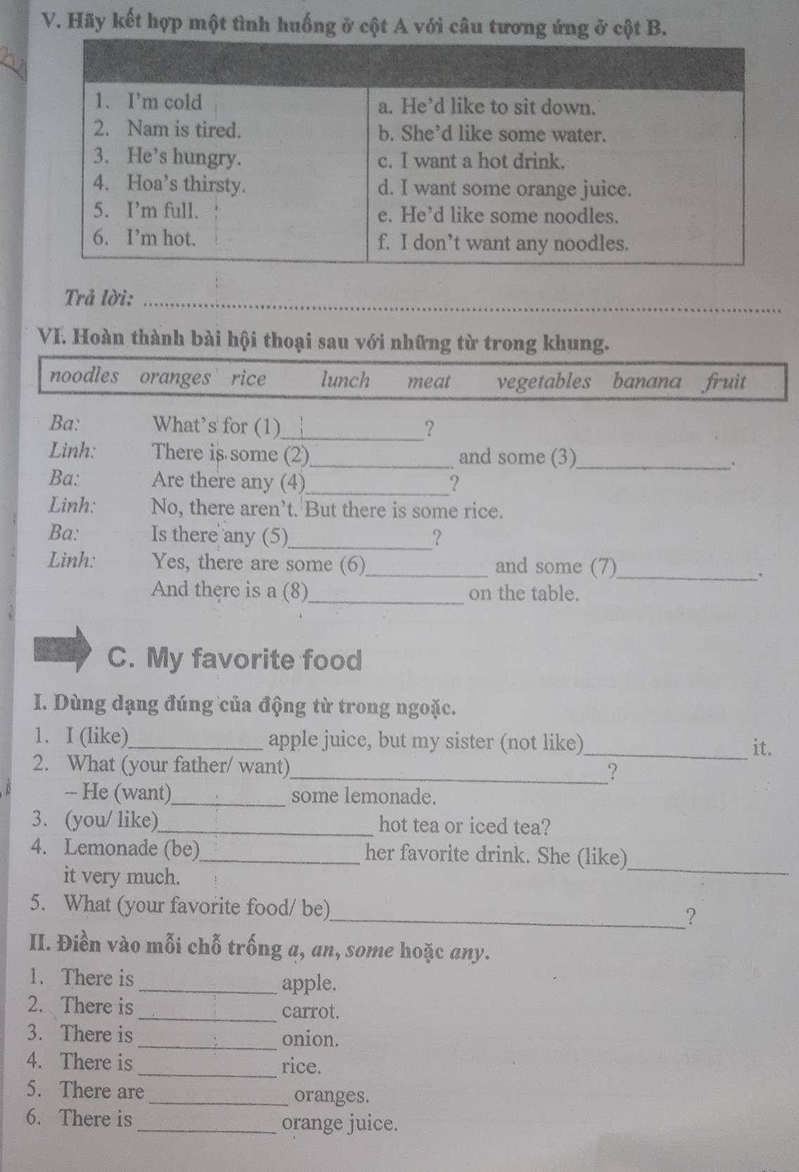 Hãy kết hợp một tình huống ở cột A với câu tương ứng ở cột B. 
Trả lời:_ 
VI. Hoàn thành bài hội thoại sau với những từ trong khung. 
noodles oranges rice lunch meat vegetables banana fruit 
Ba: What’s for (1)_ ? 
Linh: There is some (2)_ and some (3)_ 
Ba: Are there any (4) _? 
Linh: No, there aren’t. But there is some rice. 
Ba: Is there any (5)_ ? 
Linh: Yes, there are some (6)_ and some (7)_ 
. 
And there is a (8)_ on the table. 
C. My favorite food 
I. Dùng dạng đúng của động từ trong ngoặc. 
1. I (like)_ apple juice, but my sister (not like)_ 
it. 
2. What (your father/ want)_ ? 
-- He (want)_ some lemonade. 
3. (you/ like)_ hot tea or iced tea? 
4. Lemonade (be)_ her favorite drink. She (like)_ 
it very much. 
5. What (your favorite food/ be)_ ? 
II. Điền vào mỗi chỗ trống a, an, some hoặc any. 
1. There is _apple. 
2. There is 
_carrot. 
3. There is _onion. 
4. There is _rice. 
5. There are 
_oranges. 
6. There is _orange juice.
