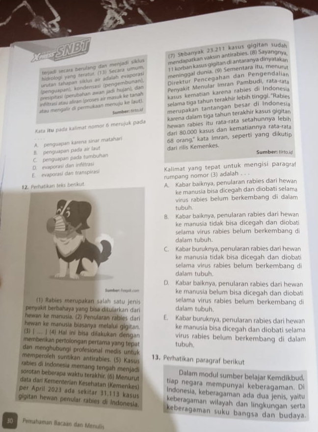 Xrniss SNBI
terjadi secara berulang dan menjadi siklus (7) Sebanyak 23.211 kasus gigitan sudah
hidrologi yang teratur. (13) Secara umum, mendapatkan vaksin antirabies. (8) Sayangnya.
meninggal dunia. (9) Sementara itu, menuru
urutan tahapan siklus air adalah evaporasi I T korban kasus gigitan di antaranya dinyatakan
(penguapan), kondensasi (pengembunan), Direktur Pencegahan dan Pengendalian
presipitasí (perubahan awan jadi hujan), dan Penyakit Menular Imran Pambudi, rata-rata
infiltrasi atau allran (proses air masuk kė tanah kasus kematian karena rabies di Indonesia
atau mengalir di permukaan menuju ke laut). selama tiga tahun terakhir lebih tinggi. "Rabies
Sumber: troid merupakan tantangan besar di Indonesia
Kata Itu pada kalimat nomor 6 merujuk pada karena dalam tiga tahun terakhir kasus gigitan
hewan rabies itu rata-rata setahunnya lebih 
dari 80.000 kasus dan kematiannya rata-rata
A. penguapan karena sinar matahari 68 orang," kata Imran, seperti yang dikutip
B. penguapan pada air laut
Sumber: tirto.id
C. penguapan pada tumbuhan dari rilis Kemenkes.
D. evaporasi dan infiltrasi
E. evaporasi dan transpirasi Kalimat yang tepat untuk mengisi paragra
rumpang nomor (3) adalah . . .
12. Perhatikani feks berikut. A. Kabar baiknya, penularan rabies dari hewan
ke manusia bisa dicegah dan diobati selama
virus rabies belum berkembang di dalam
tubuh.
B. Kabar baiknya, penularan rabies dari hewan
ke manusia tidak bisa dicegah dan diobati
selama virus rabies belum berkembang di
dalam tubuh.
C. Kabar buruknya, penularan rabies dari hewan
ke manusia tidak bisa dicegah dan diobati
selama virus rabies belum berkembang di
dalam tubuh.
D. Kabar baiknya, penularan rabies dari hewan
Sumber Reepil.com ke manusia belum bisa dicegah dan diobati
(1) Rabies merupakan salah satu jenis selama virus rabies belum berkembang di
penyakit berbahaya yang bisa ditularkan dari dalam tubuh.
hewan ke manusia. (2) Penularan rables dari E. Kabar buruknya, penularan rabies dari hewan
hewan ke manusia biasanya melalui gigitan. ke manusia bisa dicegah dan diobati selama
(3) [ ... ] (4) Hal ini bisa dilakukan dengan virus rabies belum berkembang di dalam
memberikan pertolongan pertama yang tepat tubuh.
dan menghubungi profesional medis untuk
memperoleh suntikan antirabies. (5) Kasus 13. Perhatikan paragraf berikut
rabies di Indonesia memang tengah menjad Dalam modul sumber belajar Kemdikbud.
sorotan beberapa waktu terakhir. (6) Menurut tiap negara mempunyai keberagaman. Di
data dari Kementerian Kesehatan (Kemenkes) Indonesia, keberagaman ada dua jenis, yaitu
per April 2023 ada sekitar 31.113 kasus keberagaman wilayah dan lingkungan serta
gigitan hewan penular rábies di Indonesia. keberagaman suku bangsa dan budaya.
30  Pemahaman Bacaán dan Menulis