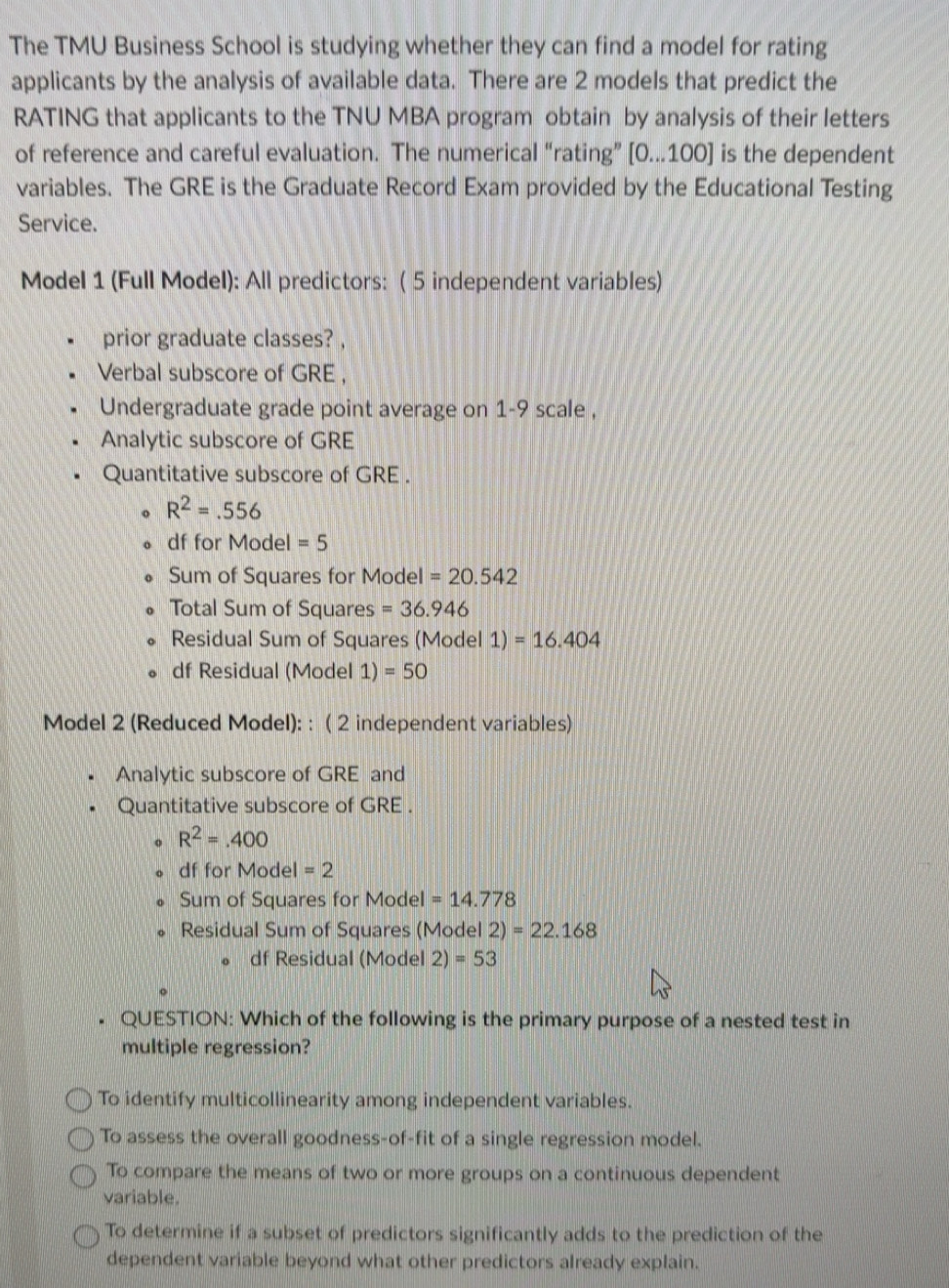 Solved: The TMU Business School is studying whether they can find a ...