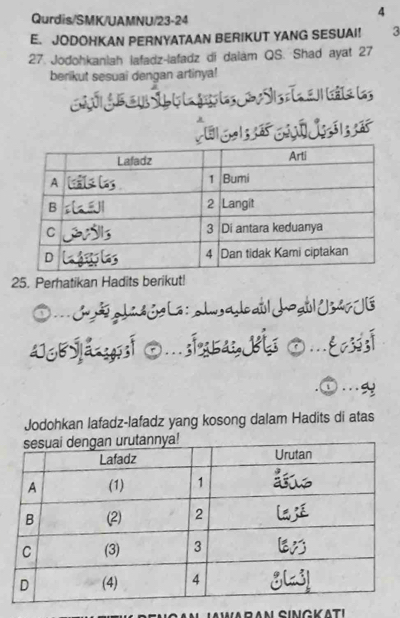 Qurdis/SMK/UAMNU/23-24 
E. JODOHKAN PERNYATAAN BERIKUT YANG SESUAI! 3 
27. Jodohkanlah lafadz-lafadz di daiam QS. Shad ayat 27
berikut sesuai dengan artinya! 


25. Perhatikan Hadits berikut! 
OmjéghájLs:ohwsqdeab|Jogb|U34vJé 
AlBSlasgssí ..síbas Č ⑦ .Ecssí 
. 
Jodohkan lafadz-lafadz yang kosong dalam Hadits di atas 
LAWARAN SINGKATI