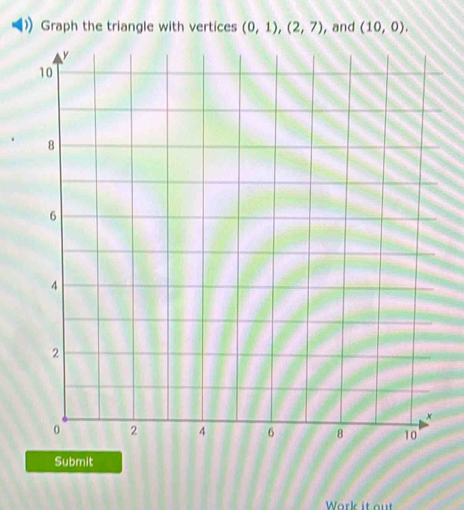 Graph the triangle with vertices (0,1), (2,7) , and (10,0). 
Submit 
Work it out