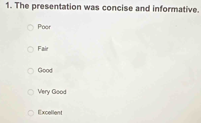 The presentation was concise and informative.
Poor
Fair
Good
Very Good
Excellent