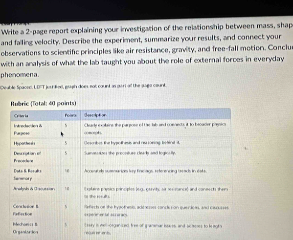 Write a 2 -page report explaining your investigation of the relationship between mass, shap 
and falling velocity. Describe the experiment, summarize your results, and connect your 
observations to scientific principles like air resistance, gravity, and free-fall motion. Conclue 
with an analysis of what the lab taught you about the role of external forces in everyday 
phenomena. 
Double Spaced. LEFT justified, graph does not count as part of the page count 
requirements.