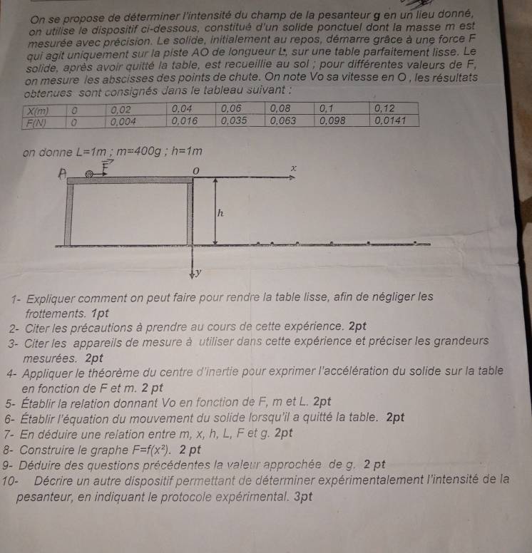 On se propose de déterminer l'intensité du champ de la pesanteur g en un lieu donné,
on utilise le dispositif ci-dessous, constitué d'un solide ponctuel dont la masse m est
mesurée avec précision. Le solide, initialement au repos, démarre grâce à une force F
qui agit uniquement sur la piste AO de longueur L, sur une table parfaitement lisse. Le
solide, après avoir quitté la table, est recueillie au sol ; pour différentes valeurs de F,
on mesure les abscisses des points de chute. On note Vo sa vitesse en O , les résultats
obtenues sont consignés dans le tableau suivant :
on donne L=1m;m=400g;h=1m
A
0
x
h
y
1- Expliquer comment on peut faire pour rendre la table lisse, afin de négliger les
frottements. 1pt
2- Citer les précautions à prendre au cours de cette expérience. 2pt
3- Citer les appareils de mesure à utiliser dans cette expérience et préciser les grandeurs
mesurées. 2pt
4- Appliquer le théorème du centre d'inertie pour exprimer l'accélération du solide sur la table
en fonction de F et m. 2 pt
5- Établir la relation donnant Vo en fonction de F, m et L. 2pt
6- Établir l'équation du mouvement du solide lorsqu'il a quitté la table. 2pt
7- En déduire une relation entre m, x, h, L, F et g. 2pt
8- Construire le graphe F=f(x^2). 2 pt
9- Déduire des questions précédentes la valeur approchée de g. 2 pt
10- Décrire un autre dispositif permettant de déterminer expérimentalement l'intensité de la
pesanteur, en indiquant le protocole expérimental. 3pt