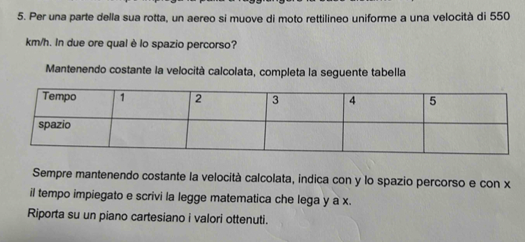 Per una parte della sua rotta, un aereo si muove di moto rettilineo uniforme a una velocità di 550
km/h. In due ore qual è lo spazio percorso? 
Mantenendo costante la velocità calcolata, completa la seguente tabella 
Sempre mantenendo costante la velocità calcolata, indica con y lo spazio percorso e con x
il tempo impiegato e scrivi la legge matematica che lega y a x. 
Riporta su un piano cartesiano i valori ottenuti.