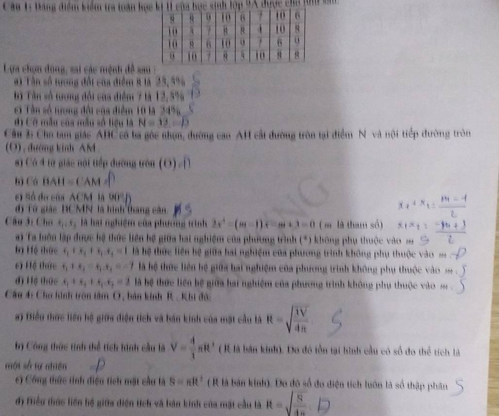 bảng điểm kiểm tra toán họ
Lựa chọn đóng, sai các mệnh đề sa
a1 Tần số tượng đổi của điểm 8 là 1 ” 
Tà Tân số tượng đổi của điểm 7 là 13,88_0
ci Tân số tượng đội của điểm 10 là 348_6
di Cỡ mẫu của mẫu số liệu là N=32,=p
Câu 3: Cho tam giác ABC có ba gốc nhạn, đường cao AH cảt đường tròn tại điểm N và nội tiếp đường tròn
(O) , đường kinh AM
sĩ Có 4 từ giác nội tếp đường trên (6)d
b Cá BAH = C 1 M
ci Số đo của ACM là 909
đi Tổ giác BCMN là hình thang cân.
Câu 3: Chú t_1∈ ,là hai nghiệm của phương tình 2x^3-(m-1)x=m+3=0 (m là tham số)
ai Ta luên lập được hệ thức liên hệ giữa hat nghiệm của phương trình (*) không phụ thuộc vào =
hn Hệ thức x_1+x_2+x_1=1 à hệ thức liên hệ giữa hai nghiệm của phương trình không phụ thuộc vào m .
c) Hệ thức t_1+t_1=t_1d_2=-7 là hệ thức liên hệ giữa hai nghiệm của phương trình không phụ thuộc vào m
đị Hệ thức t_1(t_1+t_1-t_2)=2 là hệ thức liên hệ giữa hai nghiệm của phương trình không phụ thuộc vào  m  .
Cầu 4: Cho hình trên tâm O, bản kinh R, Khi đô:
a Hiểu thức liên hệ giữa diện tích và bán kinh của mật cầu là R=sqrt(frac 1V)dπ 
bị Công thức tính thể tích hình cầu là V= 4/3 π R^3 ( K là bản kinh). Dơ đó lồn tại hình cầu có số đo thể tích là
một số tự nhên
c) Công thức tỉnh điện tích mặt cầu là S=π R^2 ( R là bản kinh). Do đô số đo điện tích luớn là số thập phân
đy Miểu thức liền hệ giữa diện tch và bản kinh của mặt cầu là R=sqrt(frac 8)4n